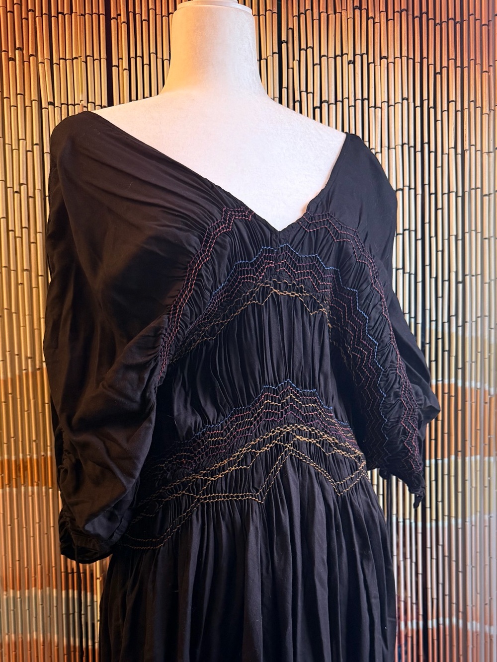 Free People Black Smocked Long-Sleeve Midi Dress with Multicolor Stitching